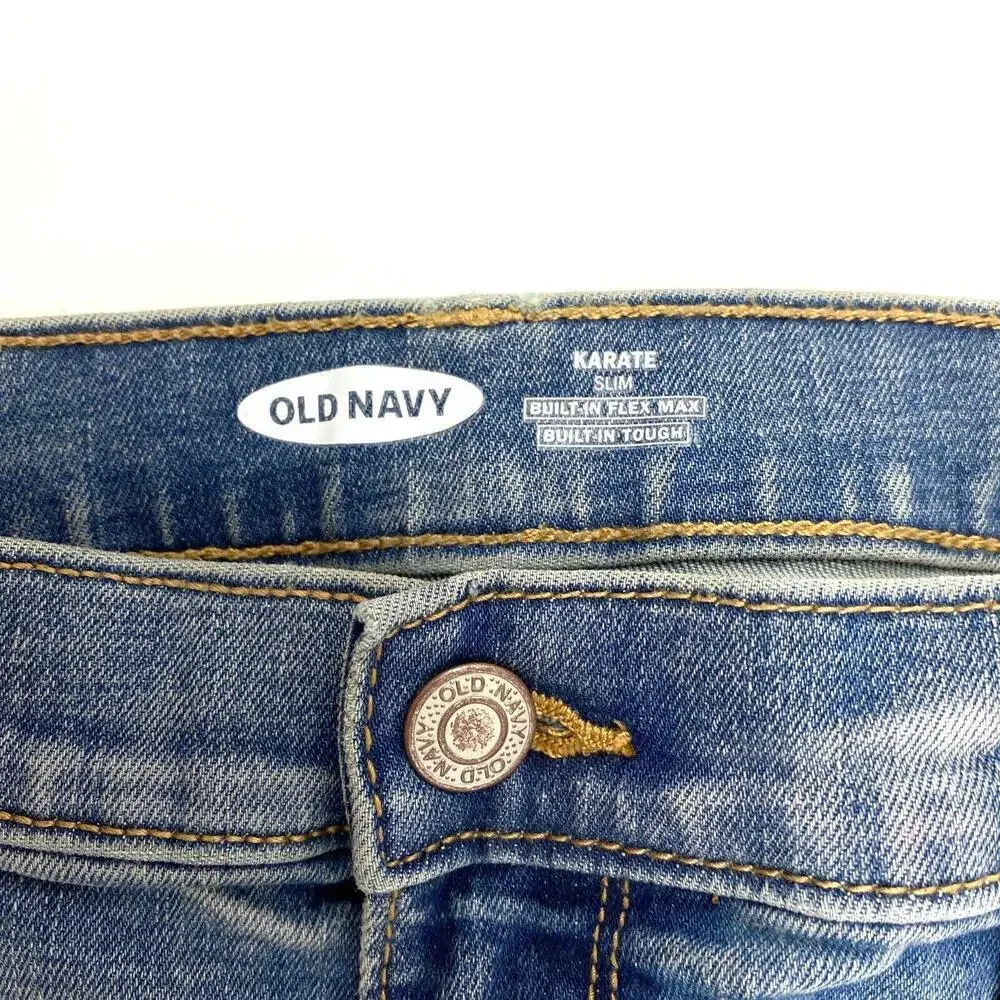 Old Navy Karate Slim Jeans Boys Size 18 Blue Distressed Adjustable‎ Waist Hemmed